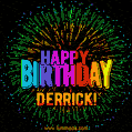 A colorful animated GIF featuring the text 'Happy Birthday Derrick!' in rainbow colors with a dynamic iridescent firework display in the background.