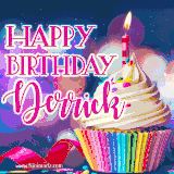 A festive animated GIF featuring a colorful cupcake with a single lit candle, sprinkles, and 'Happy Birthday Derrick' text against a sparkling, celebratory background.