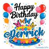 Colorful hearts, dots, and flower petals scattered around a festive butterfly theme cake for Derrick.