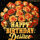 Animated bouquet of orange roses with moving butterfles and golden 'Happy Birthday Desiree' text, surrounded by sparkling accents and a dark backdrop for a luxurious feel.