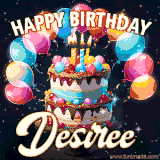 Bright birthday animation for Desiree with a chocolate cake, candles, balloons, and glowing celebratory lights.