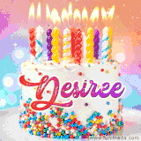 A cheerful white birthday cake with multicolor sprinkles, lit candles, and 'Desiree' written in vibrant letters, in an animated GIF.