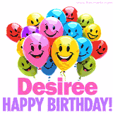 Animated colorful and joyful birthday balloons with cheerful smiles and a bright 'Happy Birthday Desiree!' message in pink and purple.