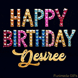Vibrant luxury birthday greeting card for Desiree, showing glittering gemstone letters and golden calligraphy on a dark background with twinkling shine effects.