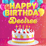 Pink-themed animated greeting with balloons, confetti, and a frosted cake under the message 'Happy Birthday Desiree' in bold rounded yellow font.