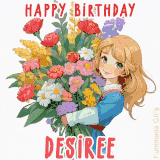 Bright floral birthday animation for Desiree showing a cute cartoon girl with golden hair and expressive eyes holding a huge bouquet, surrounded by birthday text.