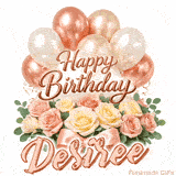 Classy Happy Birthday Desiree looping GIF with pastel balloons and greenery
