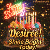 Cute chocolate cake animation with Desiree's name, decorated with glowing birthday candles and multicolored icing.
