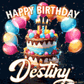 Hand-drawn happy birthday cake adorned with an arch of colorful balloons - name GIF for Destiny