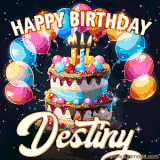Bright birthday animation for Destiny with a chocolate cake, candles, balloons, and glowing celebratory lights.