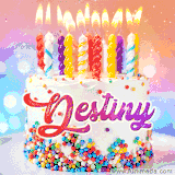 A cheerful white birthday cake with multicolor sprinkles, lit candles, and 'Destiny' written in vibrant letters, in an animated GIF.