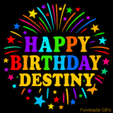 Personalized greeting card with name, colorful text that says 'Happy Birthday Destiny' surrounded by animated fireworks and multicolor stars