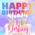 Animated Happy Birthday Cake with Name Destiny and Burning Candles