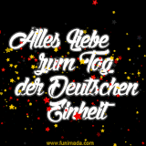 Ein animiertes GIF mit der Inschrift 'Alles Liebe zum Tag der Deutschen Einheit' in weißer Kalligrafie, Umgeben von einem Regen aus funkelnden Sternen in den deutschen Nationalfarben auf schwarzem Grund.