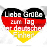 Dieses animierte GIF zeigt den Gruß zum 3. Oktober auf einem pulsierenden Herzen in Schwarz-Rot-Gold, Es symbolisiert die Liebe zur wiedervereinigten Nation und zum Feiertag.