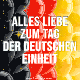 Dieses animierte GIF zeigt einen stilvollen Gruß zum Nationalfeiertag, Funkelnde Lichter tanzen auf den schwarzen, roten und goldenen Ballons, die den Hintergrund füllen.