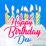 A cheerful animated GIF featuring colorful lit birthday candles on a white cake, with the text 'Happy Birthday Dev' in bold red and blue script on a bright blue background.