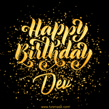 Animated GIF with colorful, festive 'Happy Birthday Dev' text decorated with patterns, a party hat, and falling confetti. A vibrant and cheerful design for birthday celebrations.