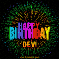 A colorful animated GIF featuring the text 'Happy Birthday Dev!' in rainbow colors with a dynamic iridescent firework display in the background.