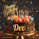 Burning birthday candles on top of a chocolate drip cake decorated with colorful icing dollops and sprinkles, personalized for Dev.