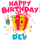 A funny animated birthday GIF with the words 'Happy Birthday Deva', colorful gift box with arms and legs, holding a cupcake with a lit candle  with confetti everywhere.