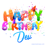 Animated GIF with colorful, festive 'Happy Birthday Dev' text decorated with patterns, a party hat, and falling confetti. A vibrant and cheerful design for birthday celebrations.