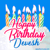 A cheerful animated GIF featuring colorful lit birthday candles on a white cake, with the text 'Happy Birthday Devesh' in bold red and blue script on a bright blue background.