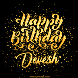 Animated GIF with colorful, festive 'Happy Birthday Devesh' text decorated with patterns, a party hat, and falling confetti. A vibrant and cheerful design for birthday celebrations.
