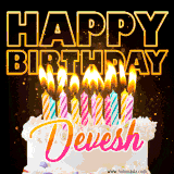A vibrant animated GIF featuring a delicious birthday cake topped with glowing candles and the name 'Devesh' in elegant script, and the words 'Happy Birthday' on the black background.