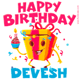 A funny animated birthday GIF with the words 'Happy Birthday Devesha', colorful gift box with arms and legs, holding a cupcake with a lit candle  with confetti everywhere.