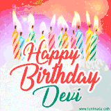 Bright birthday candles with rainbow flames on a cake, alongside the text 'Happy Birthday Devi' in vibrant script in this celebratory animated GIF.