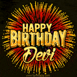 Golden 'Happy Birthday Devi' text accompanied by animated rainbow fireworks for a festive animated greeting.