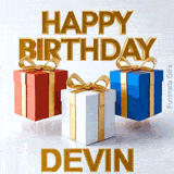Animated Happy Birthday Devin graphic featuring a red, a white, and a blue present, each decorated with a luxurious shiny gold ribbon