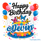 Close-up of a decorative white drip cake with the name Devin and bright butterflies, featured on an animated card.