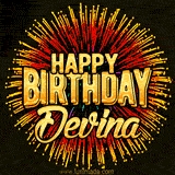 Golden 'Happy Birthday Devina' text accompanied by animated rainbow fireworks for a festive animated greeting.
