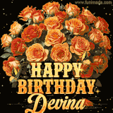 Animated bouquet of orange roses with moving butterfles and golden 'Happy Birthday Devina' text, surrounded by sparkling accents and a dark backdrop for a luxurious feel.
