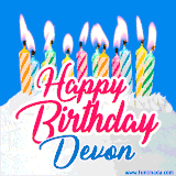 A cheerful animated GIF featuring colorful lit birthday candles on a white cake, with the text 'Happy Birthday Devon' in bold red and blue script on a bright blue background.