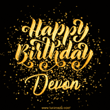 Animated GIF with colorful, festive 'Happy Birthday Devon' text decorated with patterns, a party hat, and falling confetti. A vibrant and cheerful design for birthday celebrations.