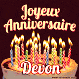 A Happy Birthday GIF in French featuring a festive birthday cake adorned with bright candles and the glowing text 'Joyeux Anniversaire Devon' in a cheerful style.