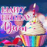 A festive animated GIF featuring a colorful cupcake with a single lit candle, sprinkles, and 'Happy Birthday Devon' text against a sparkling, celebratory background.