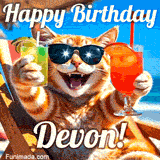 A cheerful cat wearing sunglasses, enjoying drinks on a sunny beach chair, with the text 'Happy Birthday Devon!' in bright letters.