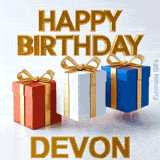 Clean and modern 3D design wishing Happy Birthday to Devon with three colorful bouncing gift packages casting shadows on a white surface
