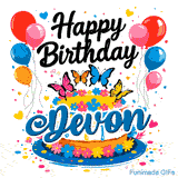An animated birthday cake for Devon decorated with colorful flowers, balloons, and four detailed butterflies on a white background.