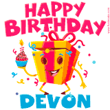 A funny animated birthday GIF with the words 'Happy Birthday Devona', colorful gift box with arms and legs, holding a cupcake with a lit candle  with confetti everywhere.