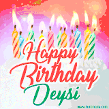 Bright birthday candles with rainbow flames on a cake, alongside the text 'Happy Birthday Deysi' in vibrant script in this celebratory animated GIF.