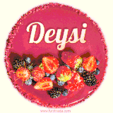 Beautifully decorated red velvet berry birthday cake with vibrant fruits and a glowing 'Deysi' name, adding a touch of sweetness and sparkle.