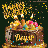 A delightful chocolate birthday cake with bright candles and 'Happy Birthday Deysi' written in gold amidst a shower of animated stars.