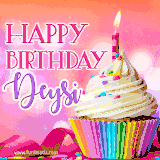 A vibrant birthday GIF featuring a rainbow-colored cupcake topped with white frosting, sprinkles, and a lit candle. The text reads 'Happy Birthday Deysi' in bold pink and violet letters with white outline.