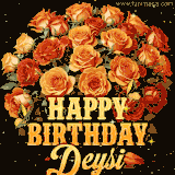 Animated bouquet of orange roses with moving butterfles and golden 'Happy Birthday Deysi' text, surrounded by sparkling accents and a dark backdrop for a luxurious feel.