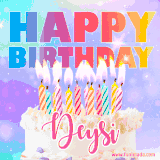 A vibrant animated name GIF with the words 'Happy Birthday Deysi' with colorful candles on a creamy cake. The background sparkles with pastel shades, adding a festive touch.
